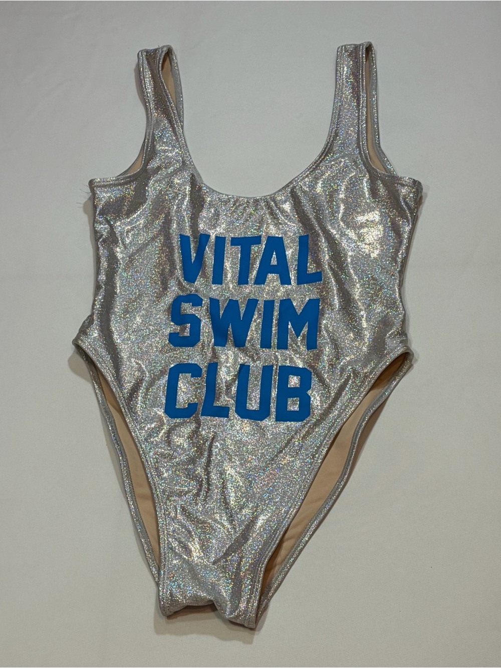 PRIVATE PARTY Silver Holographic One-Piece with Blue "VITAL SWIM CLUB"